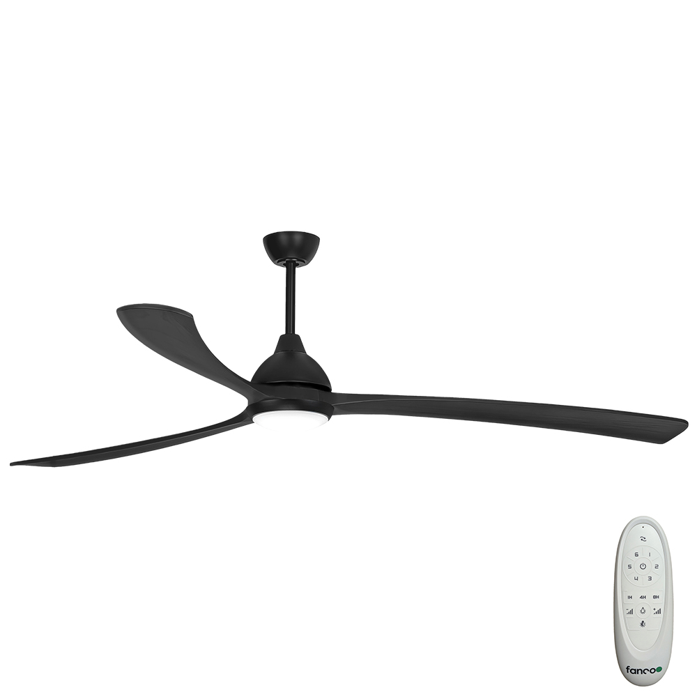 Sanctuary DC Ceiling Fan by Fanco with LED Light & Remote – Black with Solid Timber Blades 86″ (Black)