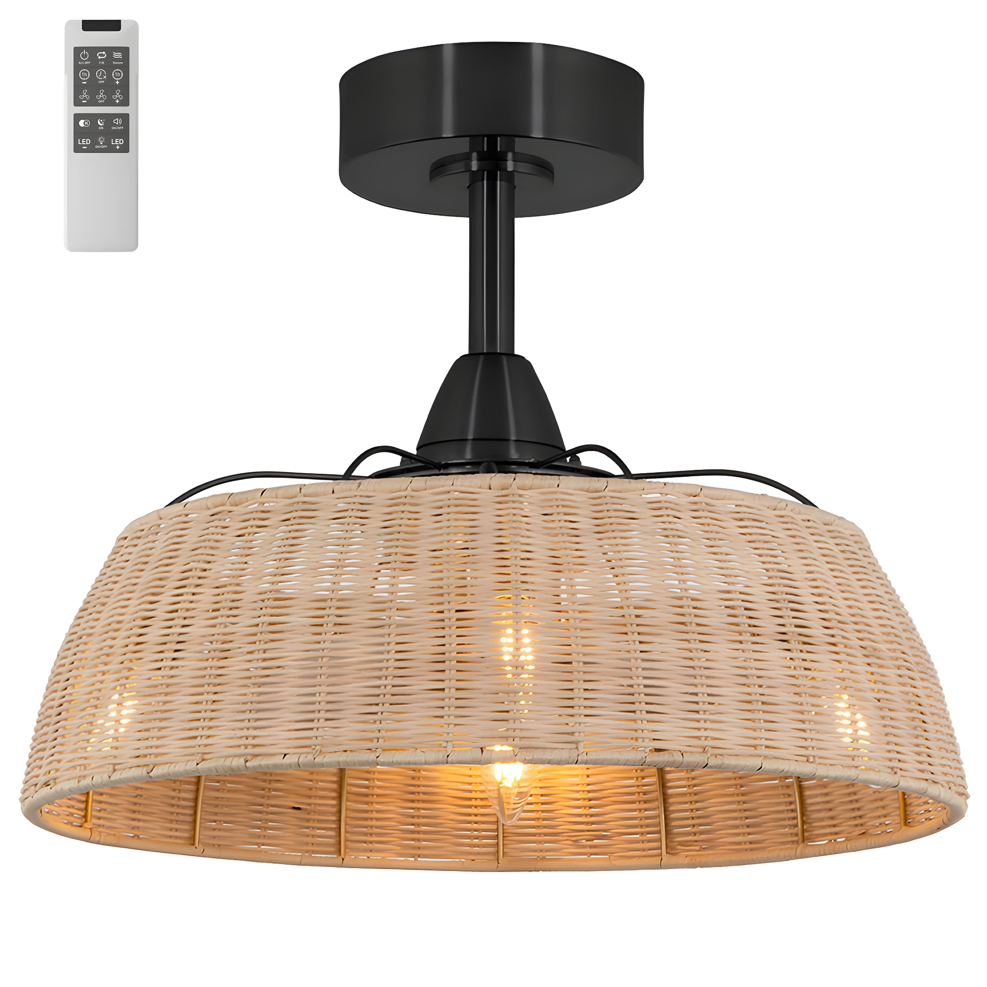 [5507229] Vencha Harlow Woven Rattan Shade 14" DC Ceiling Fan with LED Light and Remote (Black)
