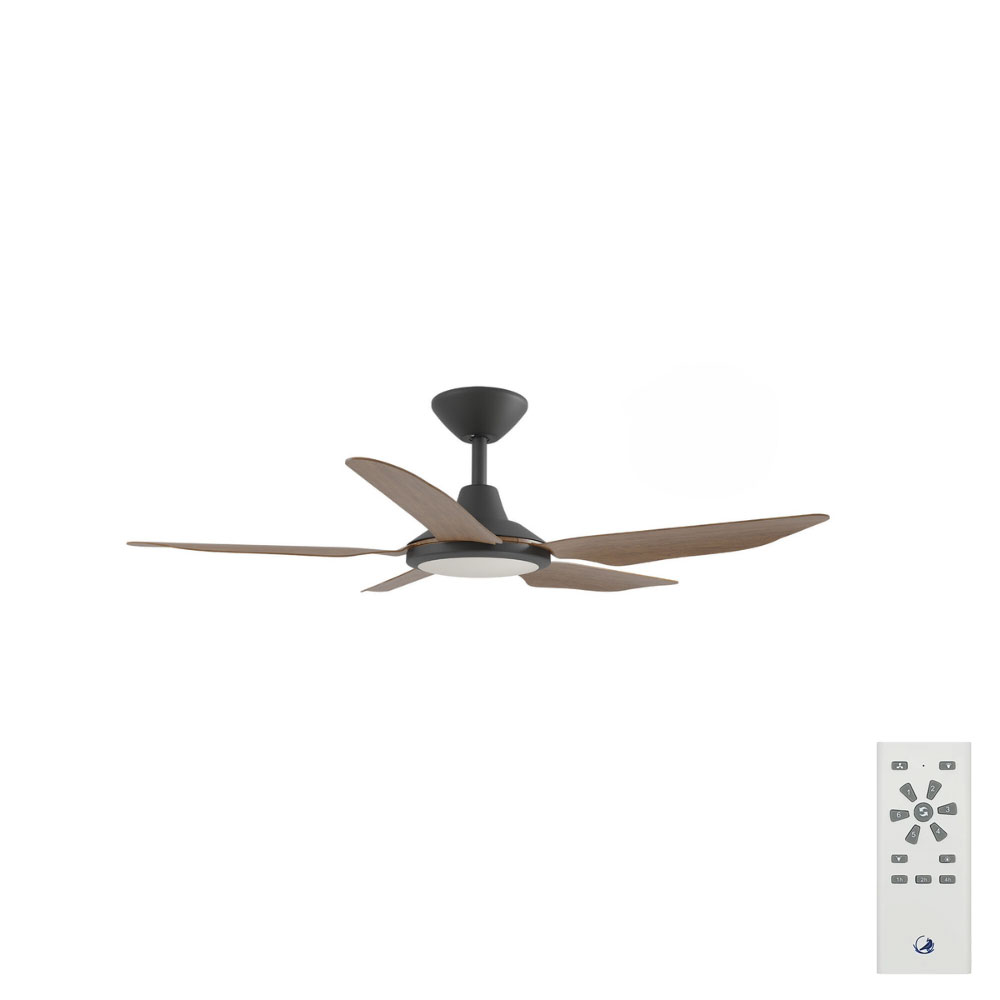 Storm DC Ceiling Fan by Calibo with LED Light – Black with Koa Timber Style ABS Blades 42″