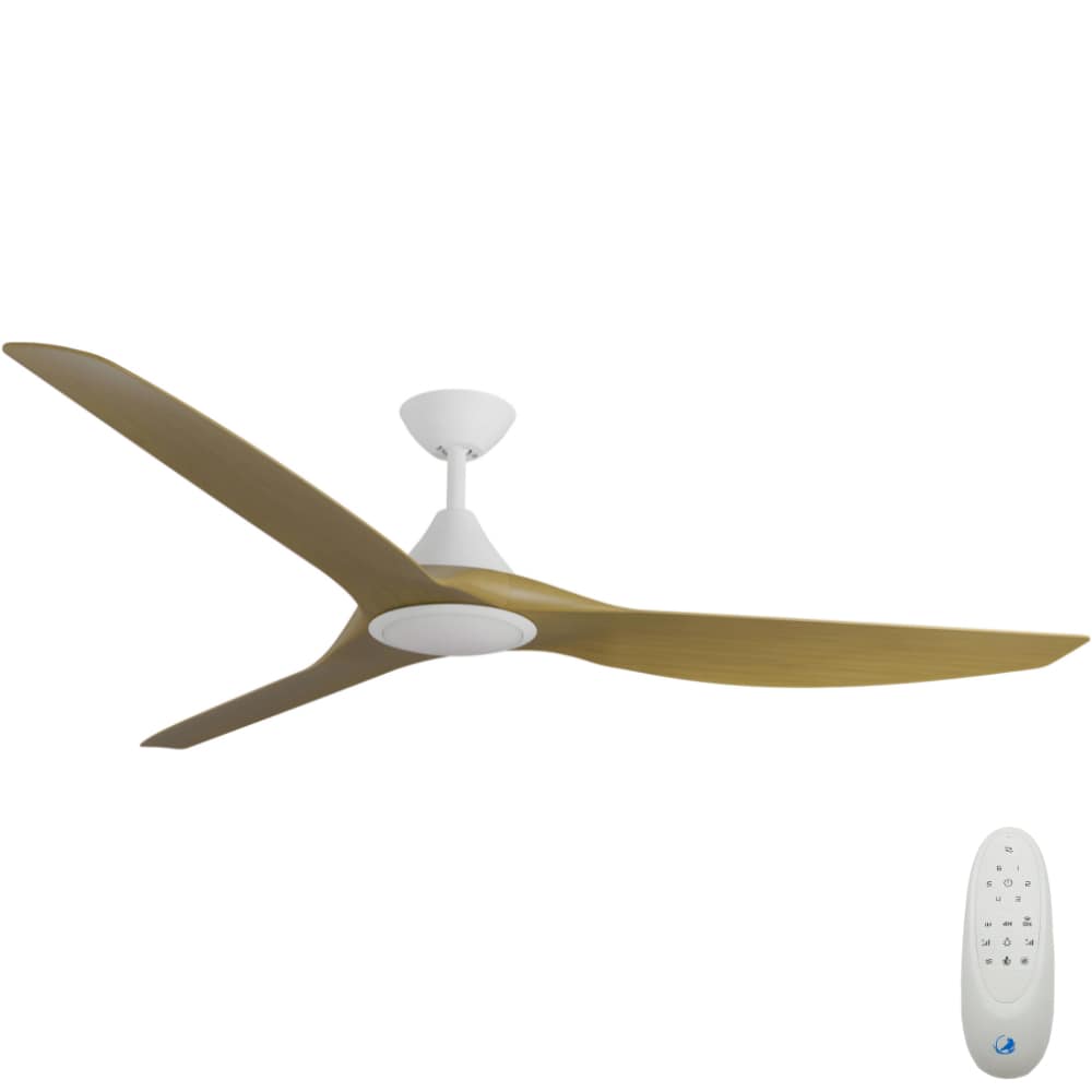 CloudFan SMART DC Ceiling Fan by Calibo with LED Light – White with Teak Timber Style ABS Blades 72″