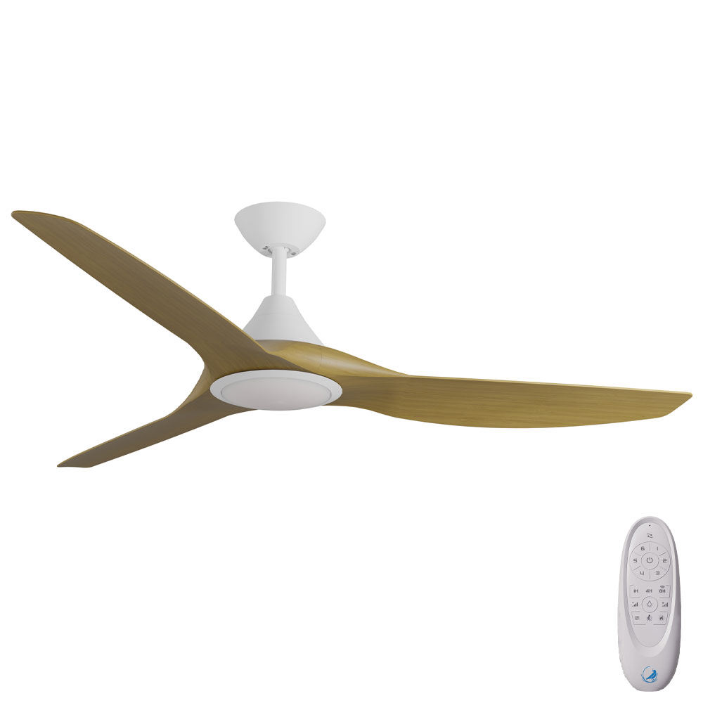 CloudFan SMART DC Ceiling Fan by Calibo with LED Light – White with Teak Timber Style ABS Blades 60″