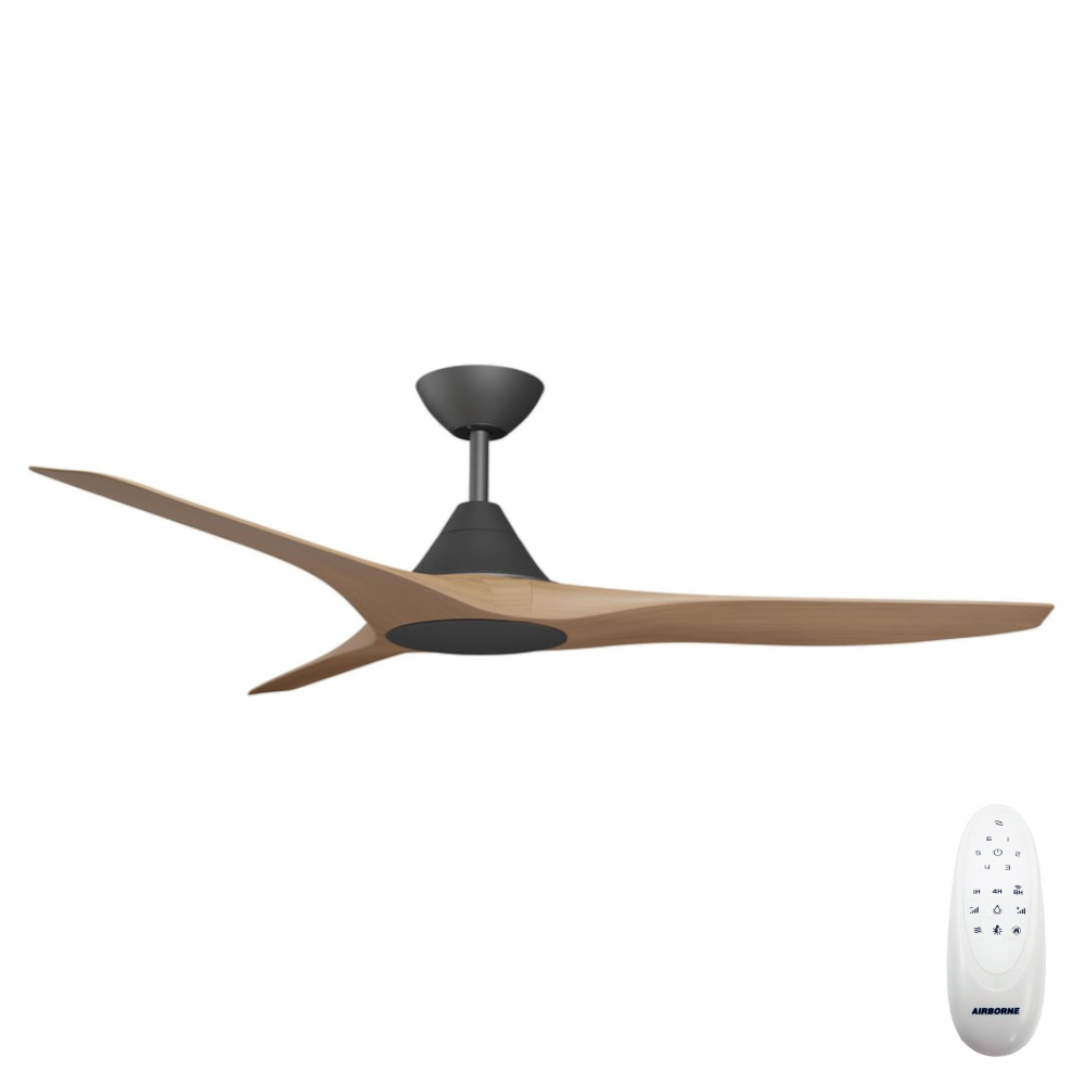 CloudFan SMART DC Ceiling Fan by Calibo – Black with Teak Timber Style ABS Blades 52″