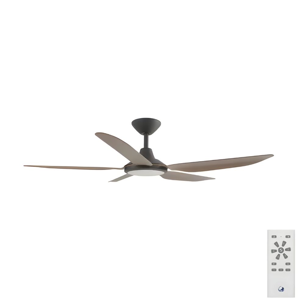 Storm DC Ceiling Fan by Calibo with LED Light – Black with Koa Timber Style ABS Blades 52″