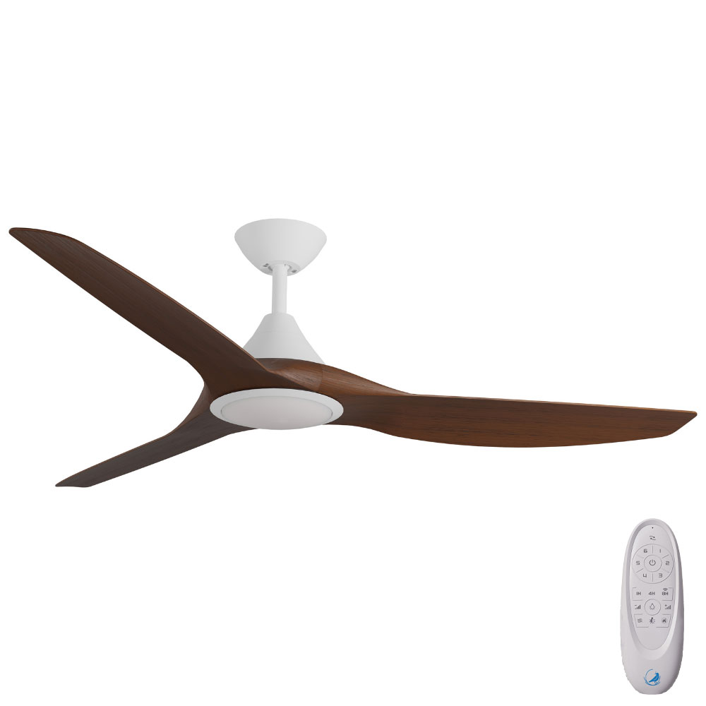 CloudFan SMART DC Ceiling Fan by Calibo with LED Light – White with Koa Timber Style ABS Blades 52″