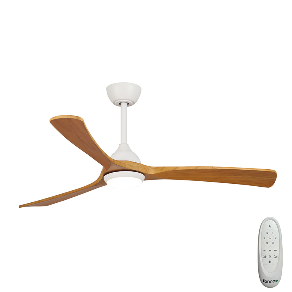 [CFFCSA2LWHTK] Sanctuary DC Ceiling Fan by Fanco with LED Light – White with Teak Blades 52″