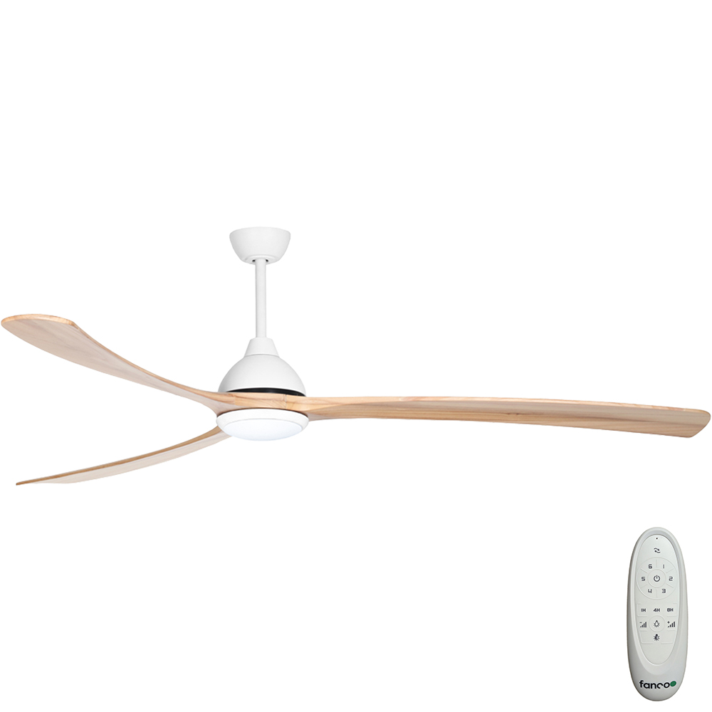 Sanctuary DC Ceiling Fan by Fanco with LED Light & Remote – White with Natural Timber Blades 86″