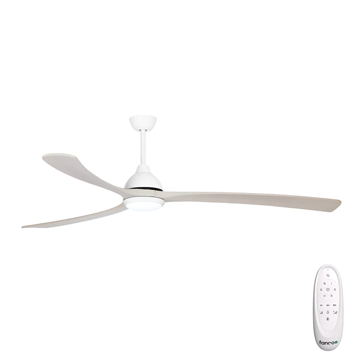 [W-CFFCSALWH-B5WH] Sanctuary DC Ceiling Fan by Fanco with LED Light & Remote – White with Solid Timber Blades 86″