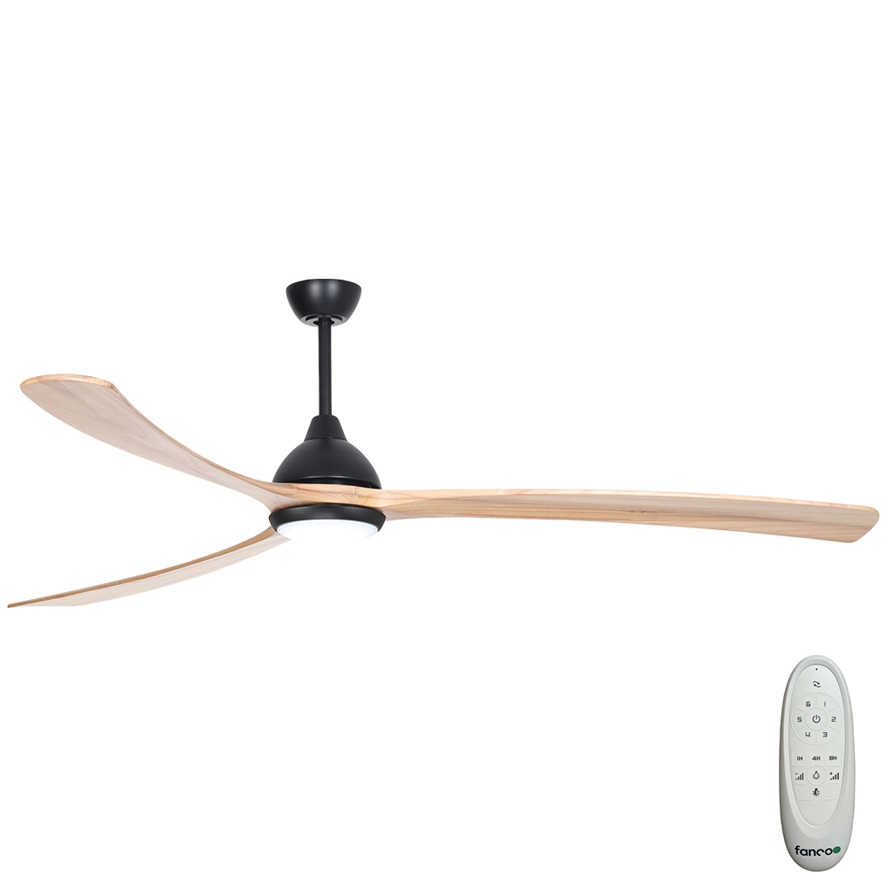 Sanctuary DC Ceiling Fan by Fanco with LED Light & Remote – Black with Natural Timber Blades 86″