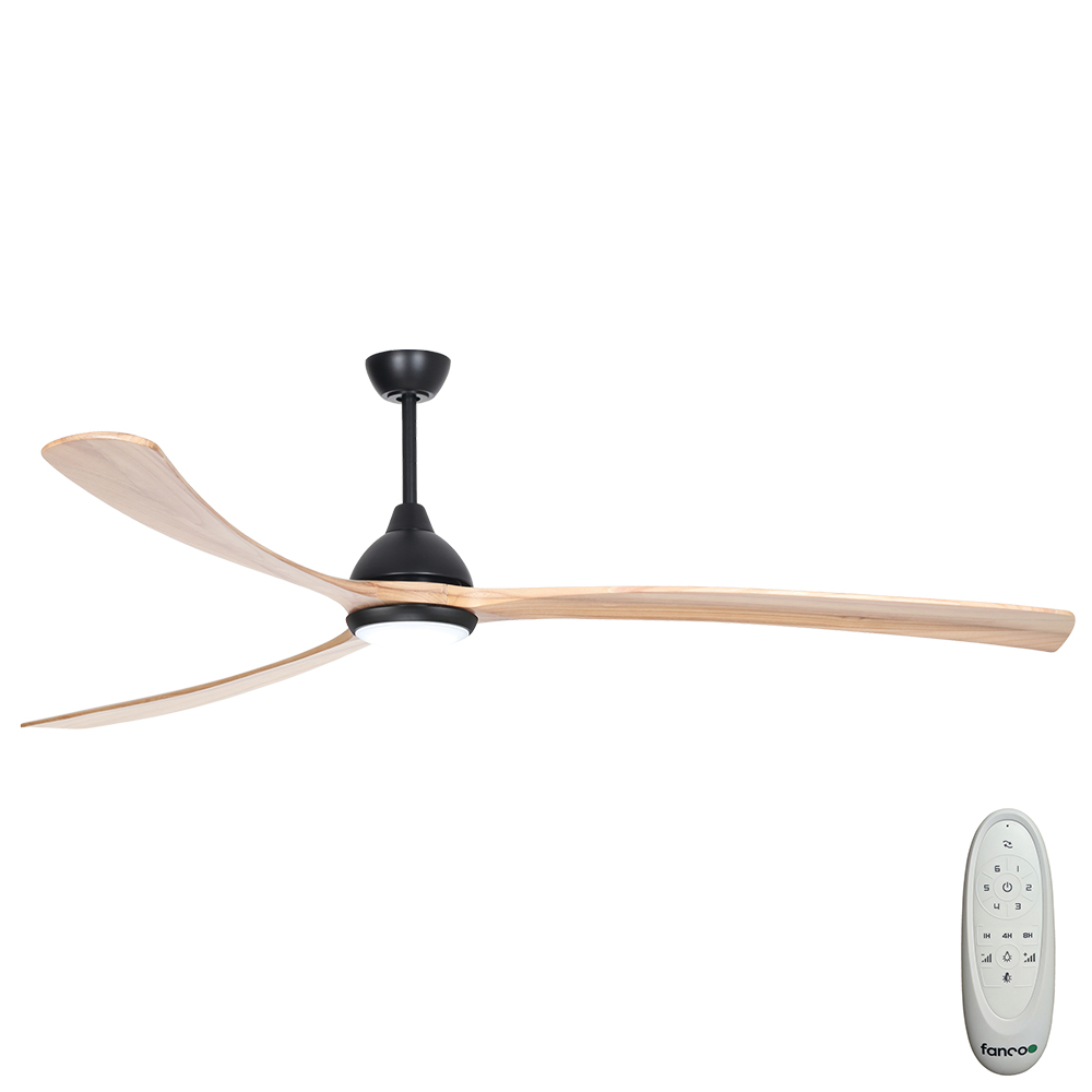 Sanctuary DC Ceiling Fan by Fanco with LED Light & Remote – Black with Natural Timber Blades 92″